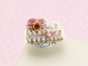 Festive New Year Winter Rose Rectangular Cake - 12th Scale Dollhouse Miniature Food