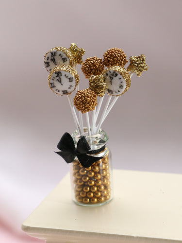 New Year Golden Cake Pops Display in Glass Jar - Handmade Miniature Food
