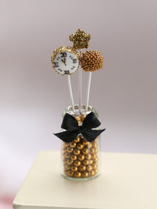New Year Golden Cake Pops Display in Glass Jar - Handmade Miniature Food