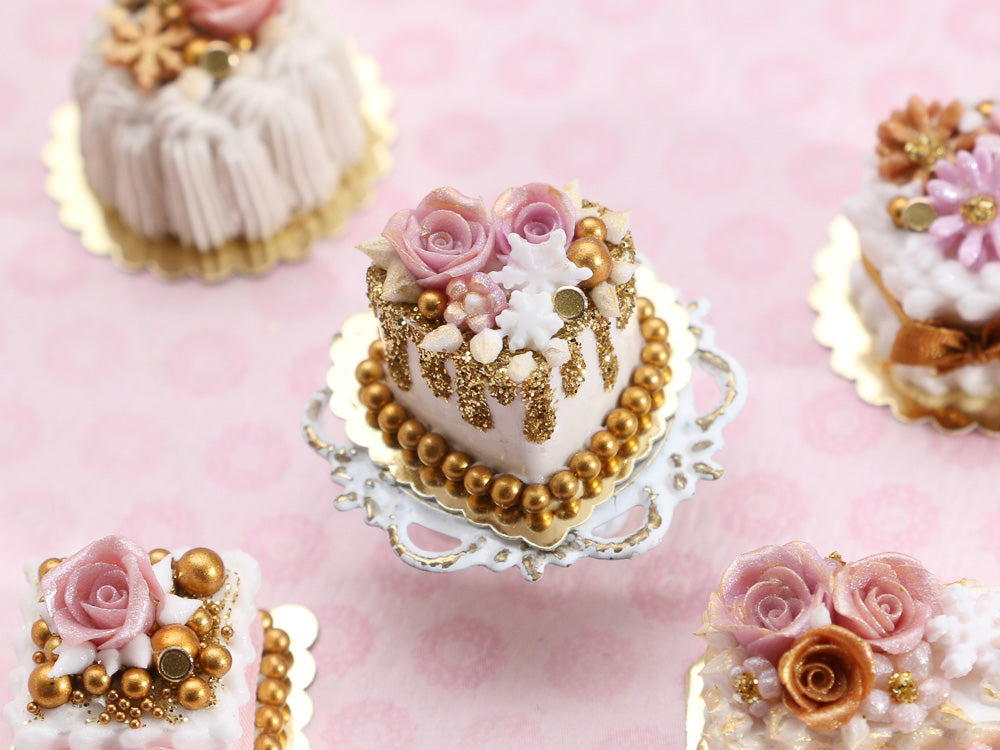 Heart-Shaped Festive New Year Winter Gold Glitter Cake - 12th Scale Dollhouse Miniature Food