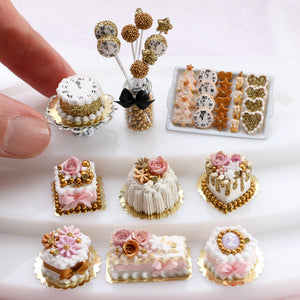 Festive New Year Winter Square Cake - Gold - 12th Scale Dollhouse Miniature Food