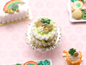St Patrick's Cake - Golden Shamrock, Emerald Bow - Handmade Miniature Food