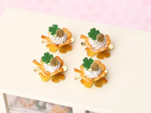 Shamrock Individual Pastry with Chantilly Cream, Gold Coin, Shamrock Sablé - St Patrick's Day - Handmade Miniature Food