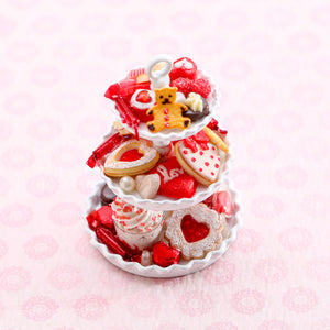 Valentine's Cookies, Candies and Treats on Three-tiered Cake Stand - Handmade Miniature Food