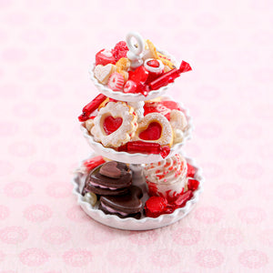 Valentine's Cookies, Candies and Treats on Three-tiered Cake Stand - Handmade Miniature Food