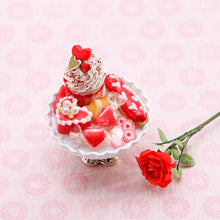 Load image into Gallery viewer, Valentine&#39;s Day Sundae and Eclair Dessert and Treats Selection on Shabby Chic Stand - Handmade Miniature Food