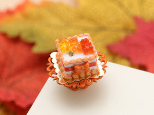 Square Cake Decorated with Orange Gummy Bears - Handmade Autumn Halloween Miniature Dollhouse Food