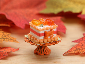 Square Cake Decorated with Orange Gummy Bears - Handmade Autumn Halloween Miniature Dollhouse Food