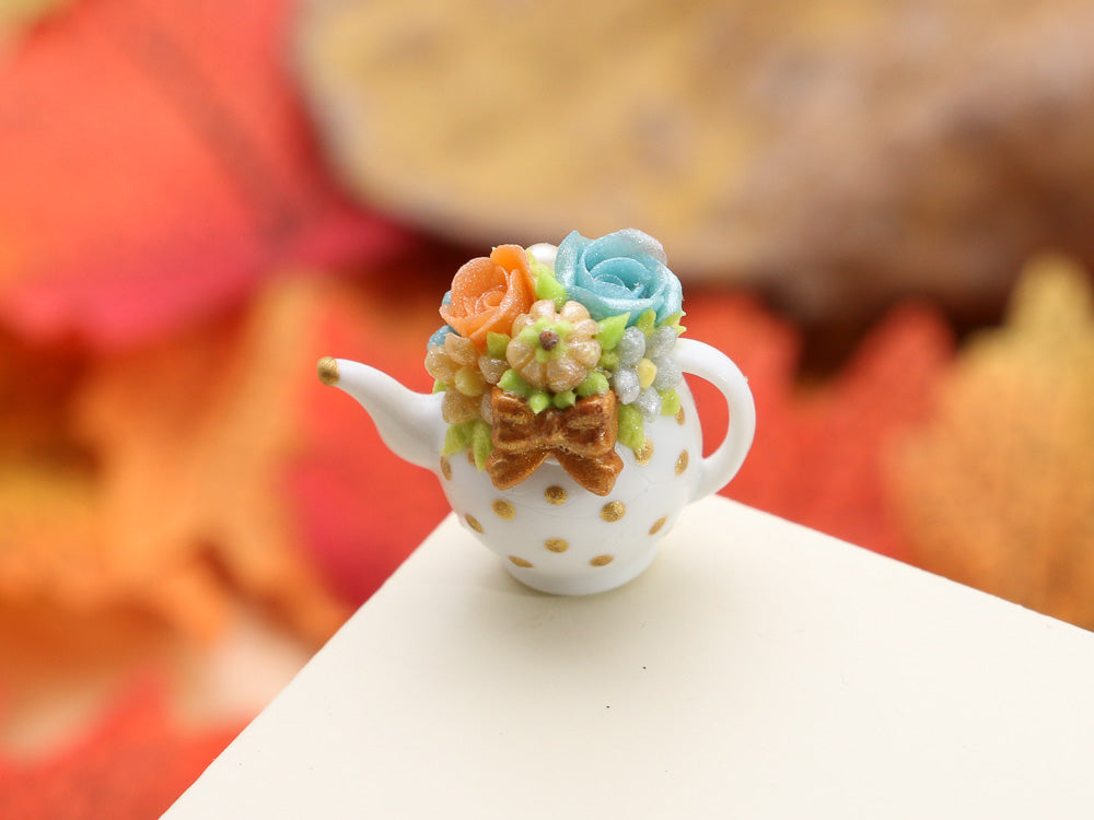 Decorative Autumn Teapot - Orange and Aqua Roses - OOAK - 12th Scale Dollhouse Miniature