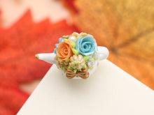 Load image into Gallery viewer, Decorative Autumn Teapot - Orange and Aqua Roses - OOAK - 12th Scale Dollhouse Miniature