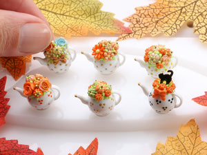 Decorative Autumn Teapot - Orange and Aqua Roses - OOAK - 12th Scale Dollhouse Miniature