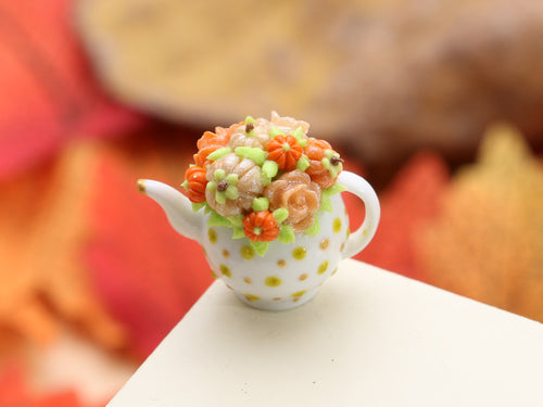 Decorative Autumn Teapot - Orange and Green Pumpkins - OOAK - 12th Scale Dollhouse Miniature