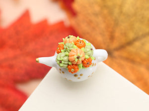 Decorative Autumn Teapot - Orange and Green Pumpkins - Gold Dots - OOAK - 12th Scale Dollhouse Miniature