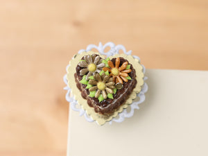 Heart-Shaped Chocolate Cake with Trio of Marguerite Flowers - Handmade Miniature Dollhouse Food