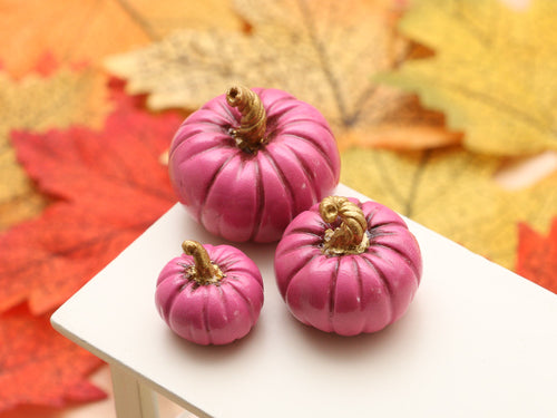 Set of Three Decorative Pumpkins - Indian Pink with Gold Stalks - Autumn Handmade Dollhouse Miniature