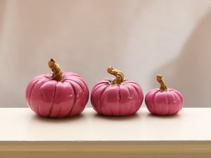 Set of Three Decorative Pumpkins - Indian Pink with Gold Stalks - Autumn Handmade Dollhouse Miniature