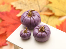 Load image into Gallery viewer, Set of Three Decorative Pumpkins - Violet with Gold Stalks - Autumn Handmade Dollhouse Miniature