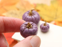 Load image into Gallery viewer, Set of Three Decorative Pumpkins - Violet with Gold Stalks - Autumn Handmade Dollhouse Miniature