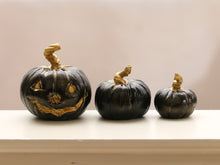 Load image into Gallery viewer, Set of Three Decorative Pumpkins (One Carved!) - Black with Gold Stalks - Autumn Handmade Dollhouse Miniature