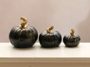 Set of Three Decorative Pumpkins (One Carved!) - Black with Gold Stalks - Autumn Handmade Dollhouse Miniature