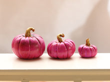 Load image into Gallery viewer, Set of Three Decorative Pumpkins - Fuchsia with Gold Stalks - Autumn Handmade Dollhouse Miniature