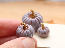 Load image into Gallery viewer, Set of Three Decorative Pumpkins - Dusty Blue with Gold Stalks - Autumn Handmade Dollhouse Miniature