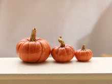 Load image into Gallery viewer, Set of Three Decorative Pumpkins - Orange with Gold Stalks - Autumn Handmade Dollhouse Miniature