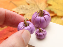 Load image into Gallery viewer, Set of Three Decorative Pumpkins - Lavender with Gold Stalks - Autumn Handmade Dollhouse Miniature