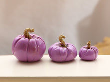 Load image into Gallery viewer, Set of Three Decorative Pumpkins - Lavender with Gold Stalks - Autumn Handmade Dollhouse Miniature