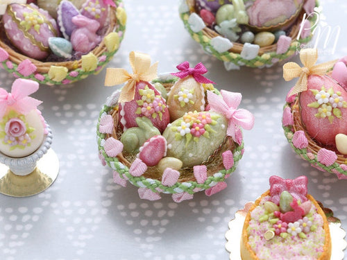 Beautiful Easter Basket Filled with Colourful Easter Eggs and Rabbit Candy (B) Miniature Food
