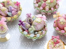 Load image into Gallery viewer, Beautiful Easter Basket Filled with Colourful Easter Eggs and Rabbit Candy (C) Miniature Food