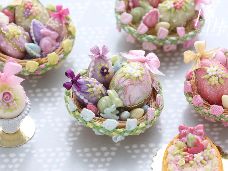 Beautiful Easter Basket Filled with Colourful Easter Eggs and Rabbit Candy (C) Miniature Food