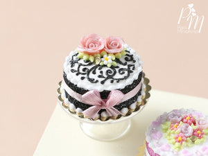 Miniature Black and White Cake Decorated with Pink Roses - Miniature Food