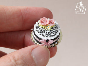 Miniature Black and White Cake Decorated with Pink Roses - Miniature Food