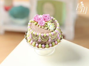 Milk Chocolate and Pink Cake Decorated with Pink Roses and hand-piped details - Miniature Food