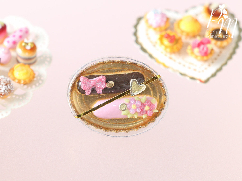 Gift Box of French Eclairs - Pink and Chocolate - Miniature Food for Dollhouse 12th scale 1:12