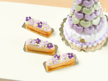 Load image into Gallery viewer, French Eclair Decorated with Purple and Lilac Blossoms - Miniature Food for Dollhouse 12th scale