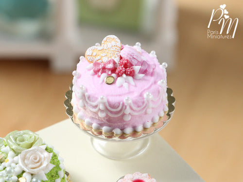 Beautiful Handmade Pink Cake with Raspberries, Heart Cookie, Macaron - Miniature Food