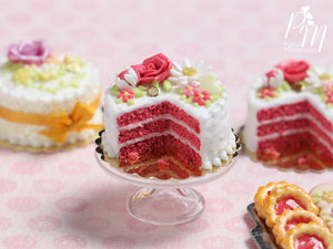 Velvet Layer Cake Decorated with Hand-sculpted Rose – Coral Pink - Miniature Food