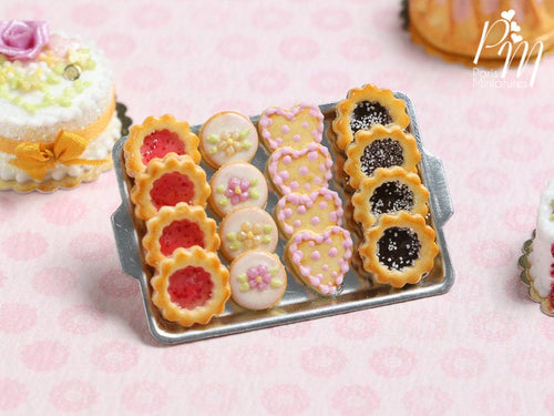 Assorted Butter Cookies on Metal Tray (Strawberry Jam, Blossoms, Hearts, Chocolate) Miniature Food