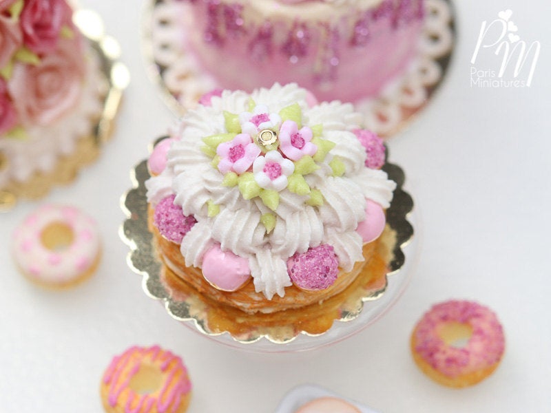 St Honoré Pastry with Pink Icing and Blossoms - 12th Scale Miniature Food