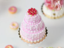 Load image into Gallery viewer, Three-tiered Pink Cake with Hand-Piped Icing with a Crown of Raspberries - Miniature Food