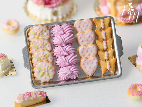 Pink-Themed Butter Cookies and Pink Meringues on Metal Baking Tray - 12th Scale Miniature Food