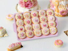 Load image into Gallery viewer, Pink Blossom and Butterfly Butter Cookies on Light Pink Baking Tray - 12th Scale Miniature Food