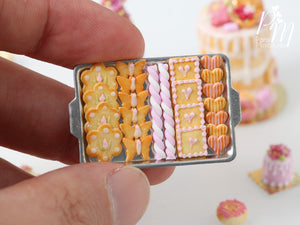 Pink-Themed Butter Cookies and Marshmallow Twists (Guimauve) on Metal Tray - Miniature Food