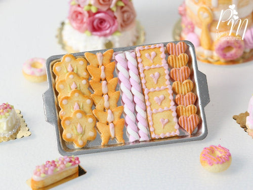 Pink-Themed Butter Cookies and Marshmallow Twists (Guimauve) on Metal Tray - Miniature Food