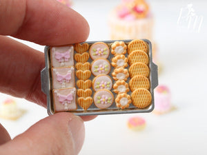 Pink Iced Butter Cookies and Plain Butter Cookies on Metal Baking Tray - 12th Scale Miniature Food