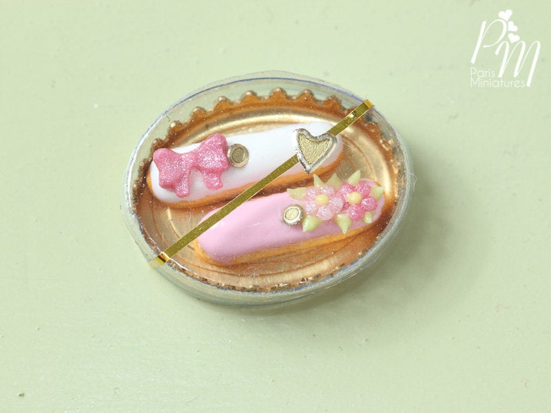 Pair of Beautiful Pink French Eclairs in Gift Box - 12th Scale Miniature Food
