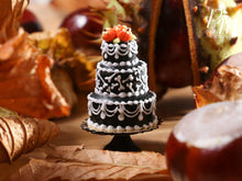 Load image into Gallery viewer, Bones Tower Cake - Black Three Tiered Cake Decorated for Autumn / Fall / Halloween - Miniature Food
