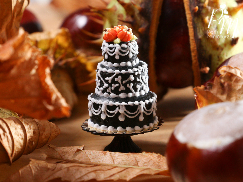 Bones Tower Cake - Black Three Tiered Cake Decorated for Autumn / Fall / Halloween - Miniature Food